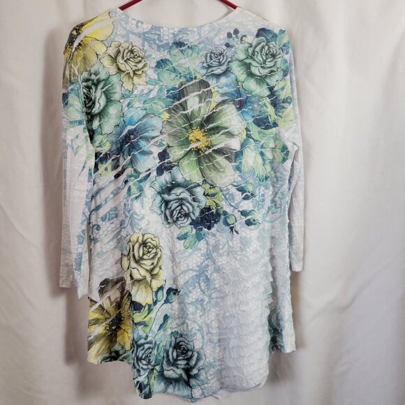 Jess & Jane USA Top Tunic ruffled layers Large floral 3/4 sleeves crescent hem - Picture 2 of 8